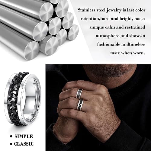 Besteel 16Pcs Stainless Steel Fidget Rings for Men Women Stress Anxiety Relief Rings Black Cool Chain Band Spinner Rings Set for Wedding Promise Mens Rings Pack thumbnail 4
