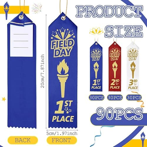 Thiccywoov 90 Pcs Field Day Ribbons for 1st, 2nd, 3rd Place, 8" x 2" Field Award Ribbons with Event Card and String for Sports Event, Competition Prize Gift, Contest Ornaments thumbnail 3