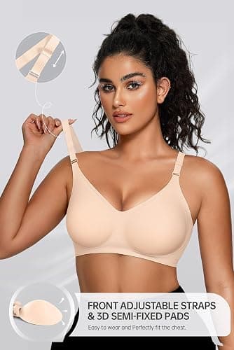 OEAK Womens Seamless Bras Comfortable Bra No Underwire Full Support Bralette Push Up Plus Size V Neck Sleeping Tshirt Bras thumbnail 2