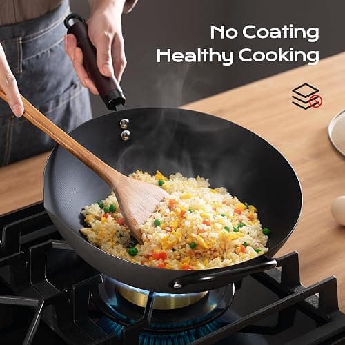 Wok, 13 Inch carbon steel woks & stir-fry pans nonstick, Pre-Seasoned 5.8QT Flat Bottom Chinese Wok Paella Pan with lid, Carbon Steel Cookware, Compatible with All Cooktops thumbnail 3