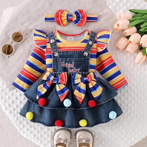 FOCUTEBB Baby Girl Clothes Fall Winter Outfit Long Sleeve Ruffle Romper Plaid Skirt Bow Headband 3 Pcs Set 0-18 Months thumbnail 2