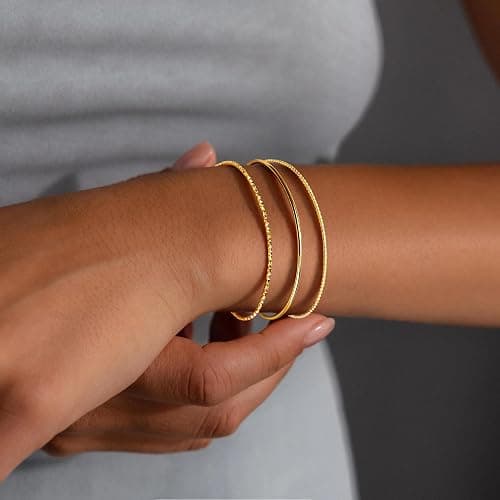 GoldGifts Stocking Stuffers for Teen Girls Dainty Thin Gold Cuff Bangle Bracelet for Women Trendy,Waterproof 14K Gold Pated Bracelet Stack Small Cute Rope, Geometric & Smooth Bracelet Bangles for Women, Stackable Minimalist Simple Gold Jewelry Bracelet Set thumbnail 3