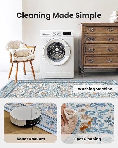 Amada Floral Washable Area Rug,8'x10',Light Blue | For Living Room,Bedroom,Dining Room,Machine Washable,Non-Slip Backing,Low-Profile Pile,Durable Edge Binding,Soft Texture thumbnail 5