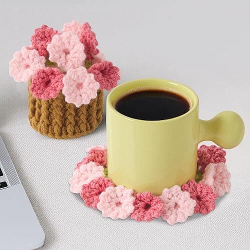Crochet Flower Coasters, Handmade Bouquet Coasters with Crochet Plant Pot (Blush Pink, 1Pc) thumbnail 6
