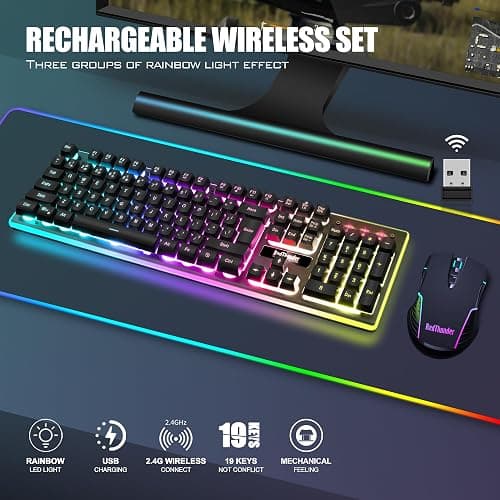 RedThunder K10 Wireless Gaming Keyboard and Mouse Combo, LED Backlit Rechargeable 3800mAh Battery, Mechanical Feel Anti-ghosting Keyboard + 7D 3200DPI Mice for PC Gamer (Black) thumbnail 2