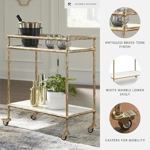 Signature Design by Ashley Plattfield Gold Bar Cart, 28" Antique Brass Serving Cart with Wheels, Genuine White Marble and Glass Shelves for Small Space Home Coffee Station, Light Gold Finish thumbnail 4
