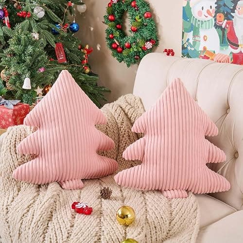 Lanpn Christmas Tree Pillows Set of 2, Christmas Decoration Narrow Stripes Winter Throw Pillow Soft Cute 3D Shaped Xmas Tree Throw Cushion for Sofa Bedroom Xmas Decor (18x16 inch, Pink) thumbnail 7