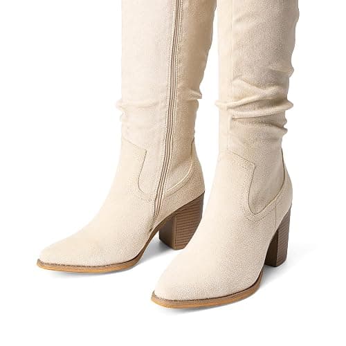 DREAM PAIRS Women's Knee-High Boots, Comfortable Chunky Block Heel Pointed Toe Pull On Side Zipper Suede Slouch Riding Boots thumbnail 6