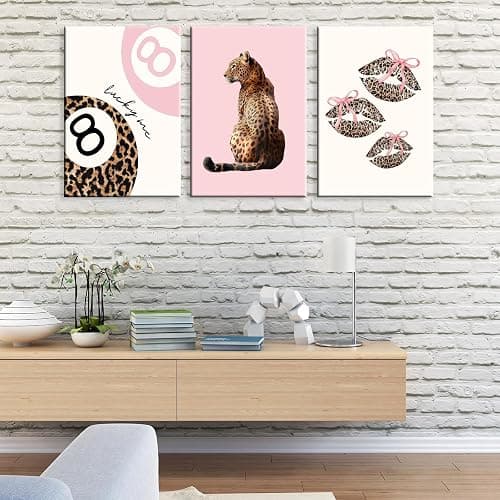 Set of 3 Coquette Pink Leopard Wall Art Trendy Lucky You 8 Ball Decor Posters Funky Cheetah Print Kiss Lips Canvas for Preppy Girly Y2k Room Dorm Home Apartment Bedroom Aesthetic 12x16in Framed thumbnail 4