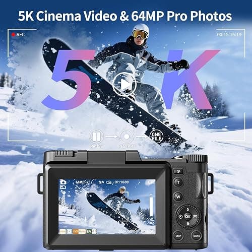 Digital Camera 5K, 64MP Cameras for Photography, YouTube Vlogging, 18X Zoom UHD Autofocus Compact Point and Shoot Flip Screen Camera with 64GB SD Card, 2 Batteries, Small Photo Camera for Kids, Teen thumbnail 2