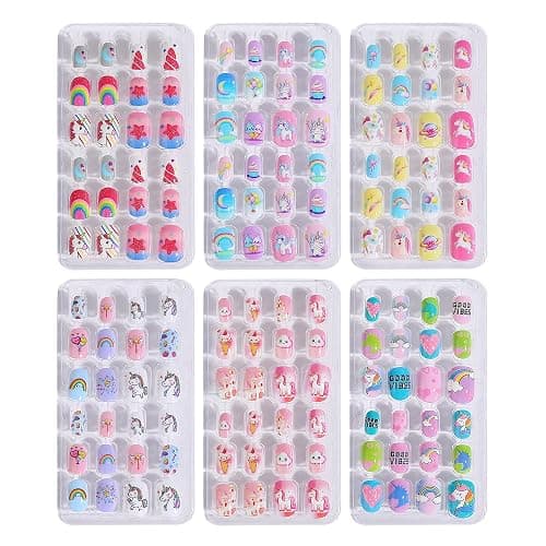 144pcs Press on Nails for Kids,6 Pack Lovely Kids Press on Nails for Girls 8-12 Years,Pre-glue Fake Nails for Children,Artificial Full Cover Short Acrylic False Nail Tips Art Kits Gifts for Girls - Image 1