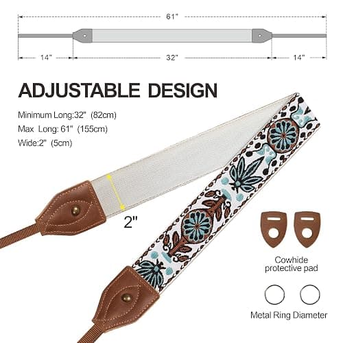 Padwa Lifestyle Camera Strap - 2" Wide Classic Vintage Crazy Horse Arts Cowhide Head Cotton Embroidered Universal Neck Shoulder & Crossbody Camera Straps for Photographers Gift and All DSLR Cameras thumbnail 6