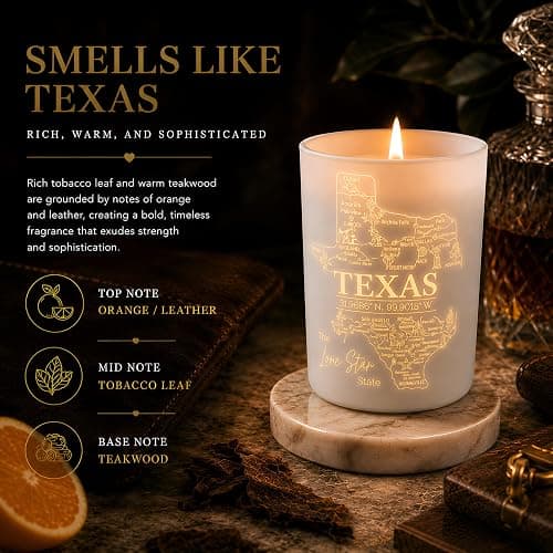 Texas Gifts Glow-Through Engraved Candle w/Teakwood, Tobacco & Rich Leather I Texas Decor for Home I Texas Souvenirs I Texas State Gifts I 9oz Jar, 50Hr Burn, USA Made thumbnail 2