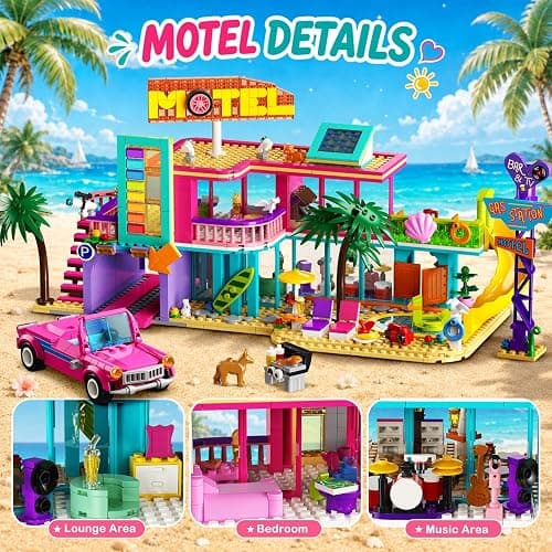 HOGOKIDS 3-in-1 Friends Motel Building Set with LED & Car for Girls Age 8+ | Foldable design with guest rooms, balcony, pool area, gas station and campsite for imaginative road-trip and vacation play thumbnail 4
