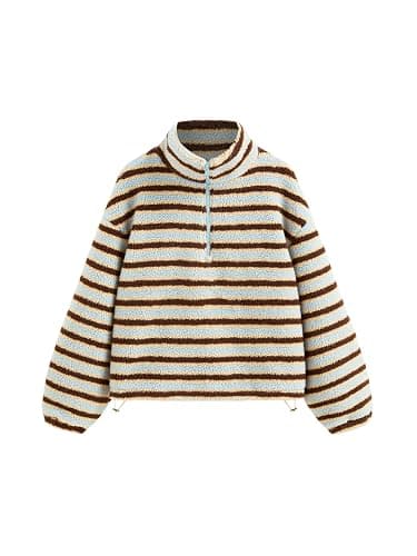 CIDER Fleece Stripe Stand Collar Drawstring Half Zip Oversized Sweatshirt - Image 1