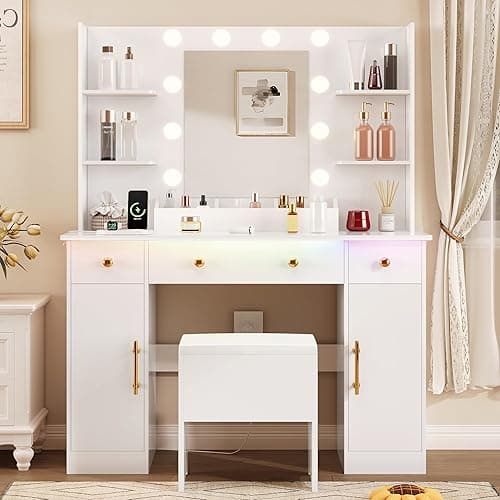 HUANLEGO Vanity Desk with Mirror and Lights, Makeup Vanity with Charging Station & Vanity Stool, 3 Drawers and Cabinets White Vanity Mirror with RGB LED Lights Vanity Desk and Chair for Women - White - 43.7x15.7x57.5 in