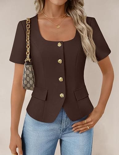 ZESICA Women's Trendy Vests Top 2026 Spring Summer Square Neck Short Sleeve Blazer Button Down Crop Casual Work Blouse thumbnail 2