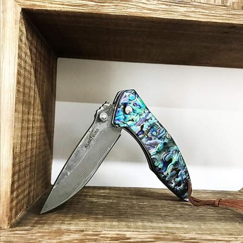 ALBATROSS Pocket Knife Abalone Seashells 7.25" Modern Damascus Steel Knife Frame Lock Folding Knife Gift Box - HGDK021B thumbnail 2