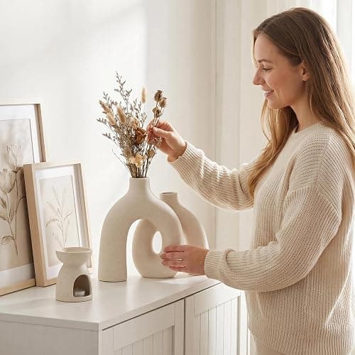 CEMABT Modern Nordic Boho Vase Set - Elegant Beige Matte Ceramic Vase for Living Room, Bookshelf, Mantel, Entryway Table & Console Decor | Home Decor Shelf Decorations Easter Gift thumbnail 2