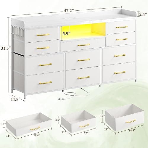 EnHomee LED Dresser for Bedroom with Charging Station,11 Drawers & 4 Hooks | Dresser TV Stand for 50 55 60 inch TVs for Living room,Storage Chests of Drawers with 2 Wood Shelve,White PU Leather thumbnail 3