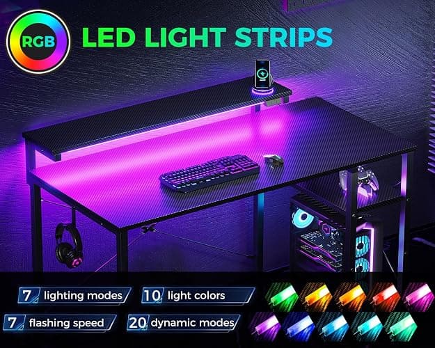 MOTPK 40 Inch Small Gaming Desk with Storage & Led Lights, Computer Desk with Shelf, Reversible Gamer Desk with Adjustable Monitor Stand, Carbon Fiber Texture Black thumbnail 4