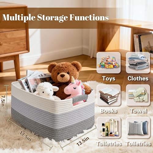 2 Pack Large Storage Basket for Organizing, 17.5"x13.5"x7.5" Woven Basket for Shelves, Closet Cube Storage Bins with Wrapped Handle, Cotton Rope Baskets for Kitchen, Clothes, Toys(Gradient Grey) thumbnail 3
