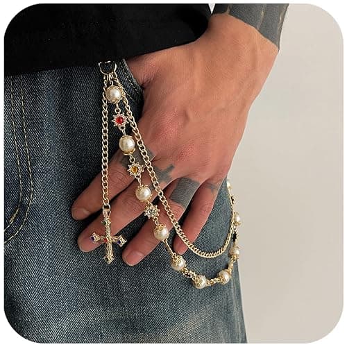 Luxurious Layered Pants Wallet Chains - Rhinestone Cross Gemstone flower Pearl Pocket Chain - Jean Trouser Accessories thumbnail 2