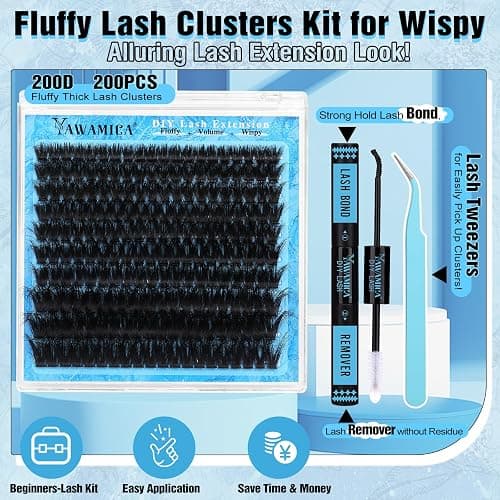 Yawamica Lash Clusters Kit 200D Fluffier Volume Cluster Eyelash Extensions Kit 10-20mm DIY Lash Extension Kit with Lash bond and Lash Remover and Lash Applicator for DIY Lash (200D-10-20MM Kit) thumbnail 5