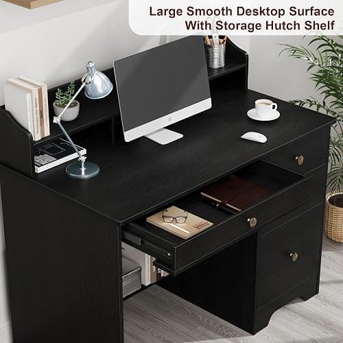 TTVIEW Computer Desk with Drawers and Hutch Shelf, Wood Executive Desk Writing Study Table with 43” Wide Tabletop, Small Desk with File Drawer for Home Office Bedroom, Black thumbnail 5