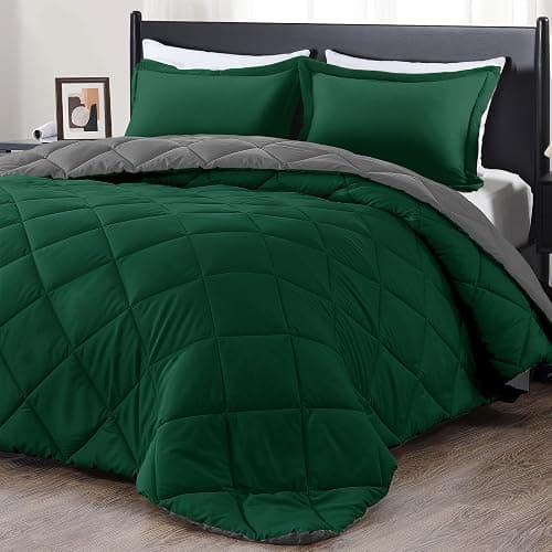 downluxe King Size Comforter Set - Dark Green and Grey King Comforter, Soft Bedding Sets for All Seasons -3 Pieces - 1 Comforter (104"x92") and 2 Pillow Shams(20"x36") - Image 1