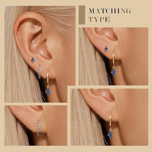 Angelady Gold Hoop Earrings Set for Women, Dainty 14K Gold Plated Huggies Earring, Sterling Silver Hypoallergenic Cartilage Earrings, Trendy Earring Stacks for Multiple Piercing Jewelry Gift(3 Pairs) - Gold,Blue CZ thumbnail 5