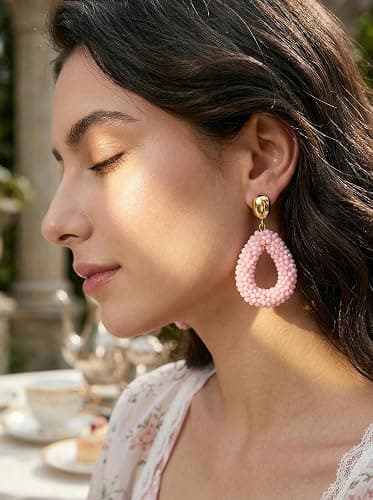 Boho Ohrringe hängend für Damen,Tropfenförmige Reisperlen Leichte Ohrringe Eleganter Hingucker für Frauen Modischer Schmuck thumbnail 3