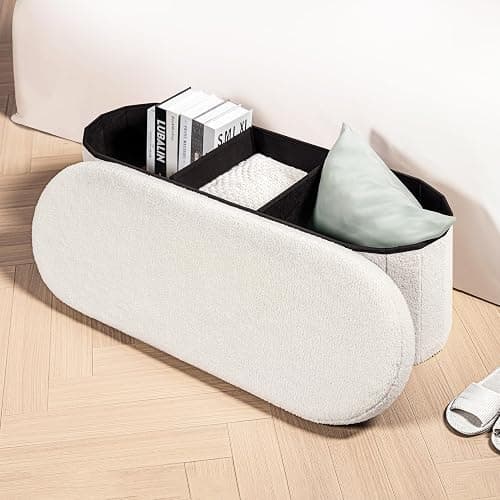 B FSOBEIIALEO Ottoman with Storage for Living Room, Sherpa Folding Storage Ottoman Foot Rest, 43.3 Inches Collapsible Bedroom Bench White thumbnail 2
