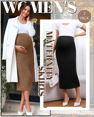 Neer 3 Pack Women's Maternity Skirts, Split Midi High Waist Ribbed Knit Solid Stretchy Pregnancy Pencil Long Skirt Clothes thumbnail 3