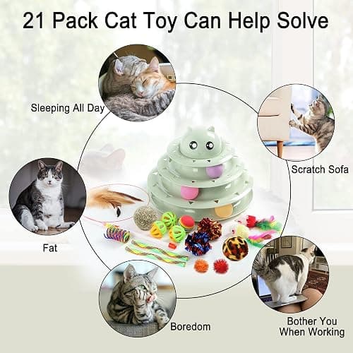 Suhaco 21 Pack Cat Toys for Indoor Cats Interactive Kitten Toy Fun Roller 3 Level Cats Ball Toys with Catnip Ball Self Play Cat Feather Wand Kitty Toy for Boredom (Green) thumbnail 5