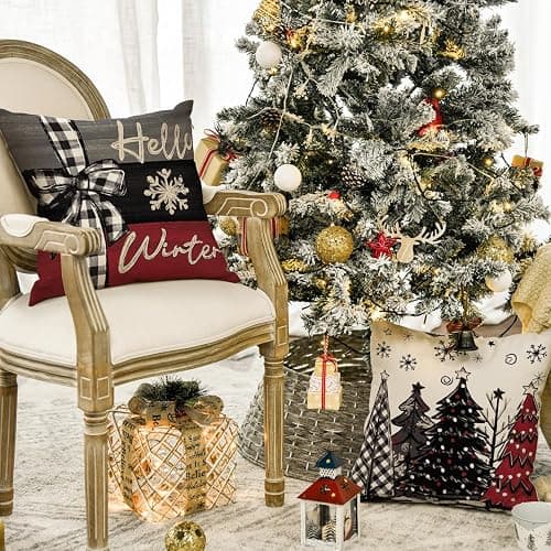 AVOIN colorlife Merry Christmas Joy Xmas Trees Red Throw Pillow Covers, 18 x 18 Inch Christmas Winter Holiday Cushion Case Decoration for Sofa Couch Set of 4 thumbnail 4
