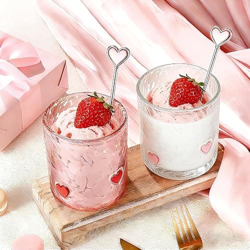 YinNorth 2 Pcs Valentine Icon Juice Glass 14oz Heart Drinking Cocktails Glasses Cute Pink White Stemless Wine Glasses Handblown Old Fashioned Couple Cups for Her Wife Women Birthday Lovely Gifts thumbnail 4