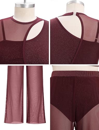 FYMNSI Costume de danse lyrique moderne pour femme - Vêtement de danse classique - Sans manches - Ventre nu - Pantalon large thumbnail 4