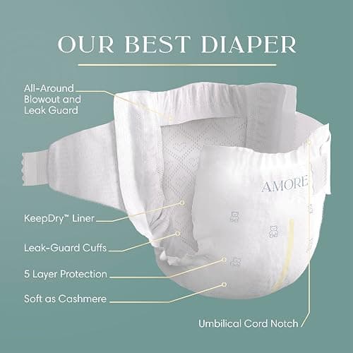 Pampers Amore, Size 1 (8-14 lbs), 82 Count, Our Best Diaper – Hypoallergenic & Fragrance Free, Up to 100% Leakproof, Soft as Cashmere thumbnail 2
