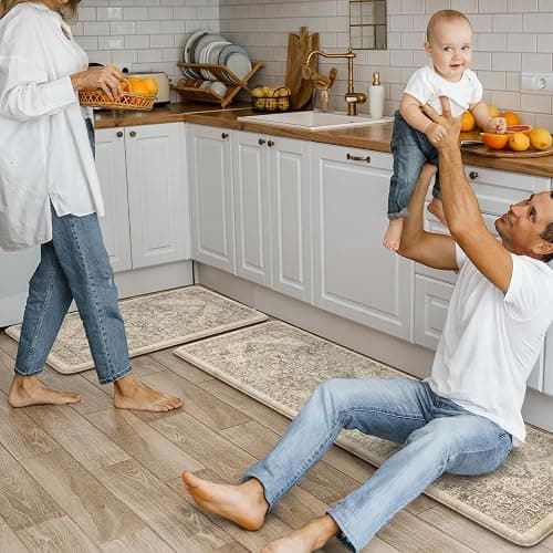 KIMODE Anti Fatigue Kitchen Mats 2 PCS 17"x47"+17"x29", Boho Kitchen Rugs and Mats, Non Slip Cushioned Kitchen Mats for Floor, Waterproof Kitchen Floor Mats for Laundry, Office, Sink, Khaki - 17.3" x 47"+17.3" x 29"--0.47 inches - Khaki/Multi thumbnail 9