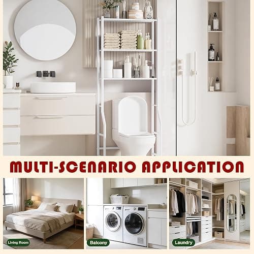 GloTika 3-Tier Over Toilet Storage Rack, Metal Over Toilet Bathroom Organizer Shelf, Freestanding Space Saver Storage Shelves for Bathroom/Laundry/Living Room (White) thumbnail 7