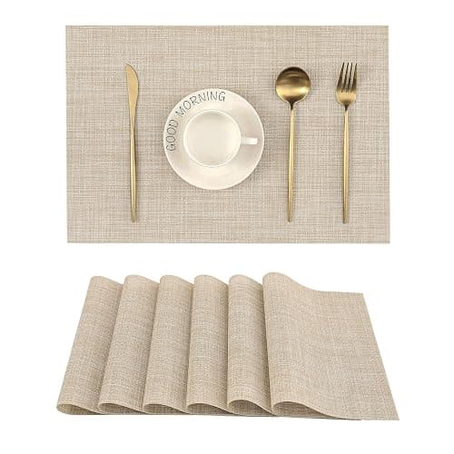 Leetaltree Beige Placemats Set of 6 - Heat Resistant Non-Slip Place mats for Dining Table, Washable Durable PVC Vinyl Woven Table Mats(Beige, 6) - Image 1