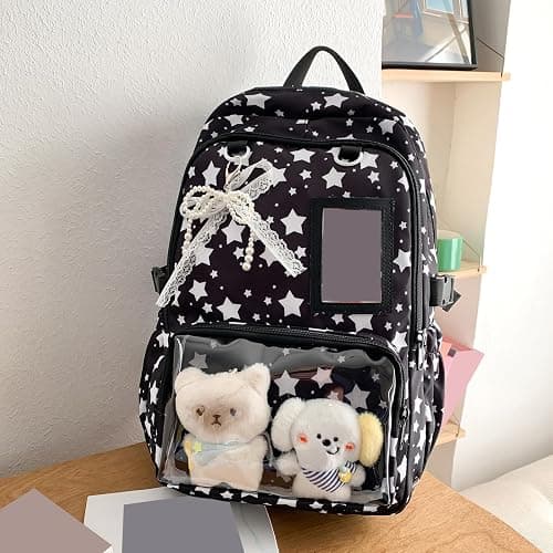 SDSFGX Kawaii School Backpack for Girls Casual Travel School Bags Cute Y2k Daypack with Lace Tie PVC Display Window & Cute Plush Toy thumbnail 3
