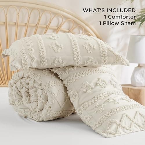 Bedsure Tufted Boho Comforter Set Twin Size - Beige Boho Bed Set, GentleSoft™ 2 Pieces Farmhouse Shabby Chic Embroidery Bedding, Gifts for Woman, Soft Jacquard Twin Comforter for All Seasons thumbnail 8