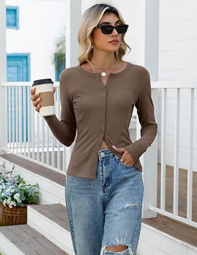 Gleenat Womens Ribbed Long Sleeve Button Down Up Shirts Lightweight Regular Length Cardigan Going Out Fall Tops XS-XL thumbnail 5