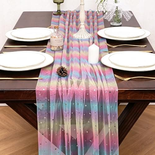 TuTive Iridescent Moon and Stars Gauze Table Runner 120 Inch 10FT Rainbow Tulle Silver Sequin Glitter Table Runner Colorful Dining Wedding Rainbow Birthday Decorations Unicorn Decor Holiday Home Party thumbnail 3