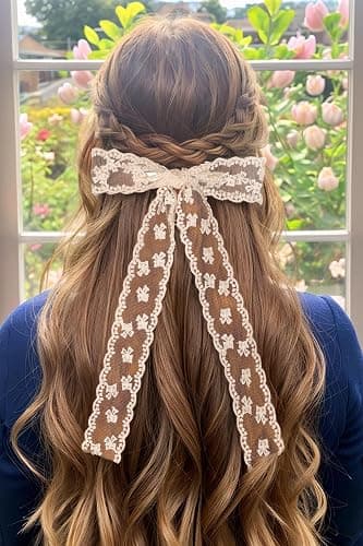 XFYUZR 4Pcs Large lace Hair Clips for Women Girls,Lace Tassel Bows Metal Clips with Long Tail Ribbons,Cute Hair Bows Barrette for Hair Accessories(Black,White) thumbnail 4
