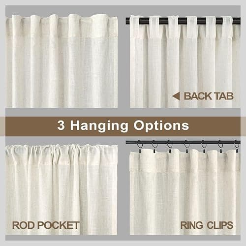 Natural Linen Back Tab Curtains 84 Inch Length for Living Room 2 Panel Pocket Drape Light Filtering Semi Sheer Neutral Country Rustic Farmhouse Boho Curtain Bedroom Muslin Look Ivory Cream Colored thumbnail 4