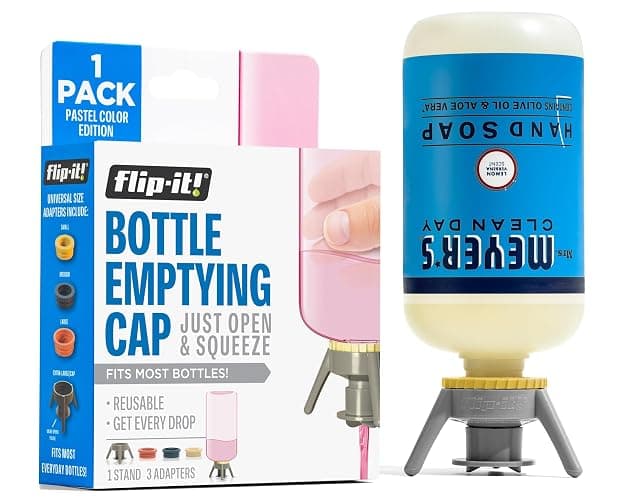 Flip-It! 1-Pack Bottle Emptying Kit – No more wasted product - Fits most plastic bottles – Get out every drop of Shampoos, Lotions, & More – 1 Base Cap, 3 Adapters – Pastel Color Edition - 1-Pack - Pastel - Image 1