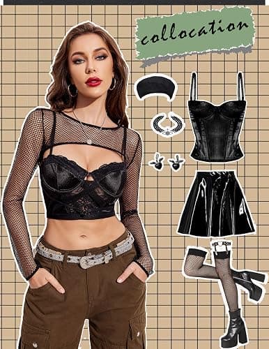 Avidlove Women Fishnet Long Sleeve Crop Top See Through Shirt Sheer Blouse | Fishnet,Crew Neck,Long Sleeve,See Through,Sheer,Festival,Club,Party,Clubwear,Coachella Outfits,Concert,Rave,Y2k,Halloween thumbnail 6